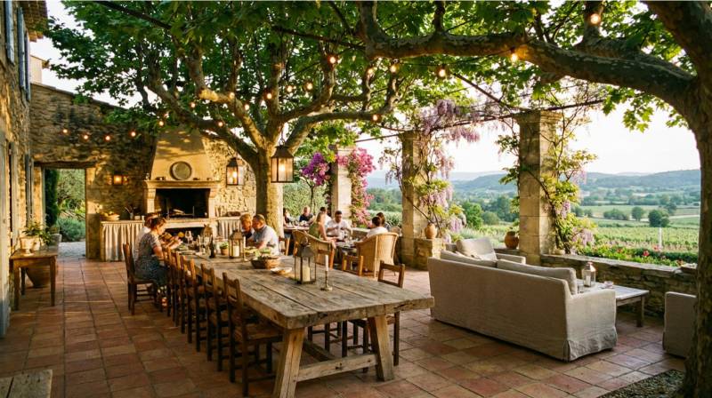 Covered Provençal terrace with large table for family dining