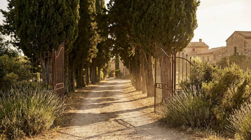 Cypress-lined avenue leading to a hidden hamlet in Provence